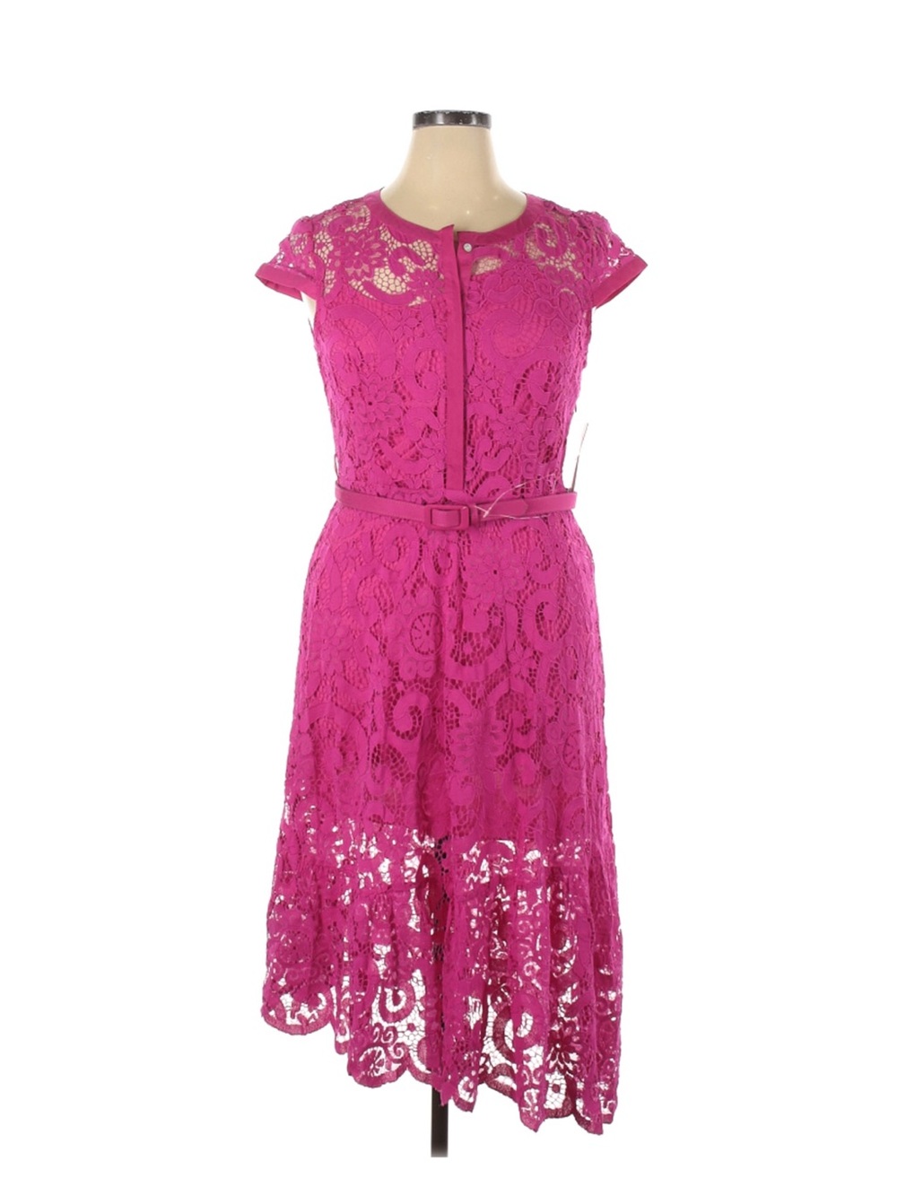 Nanette Lepore Fuchsia Lace Midi Dress with Belted Waist